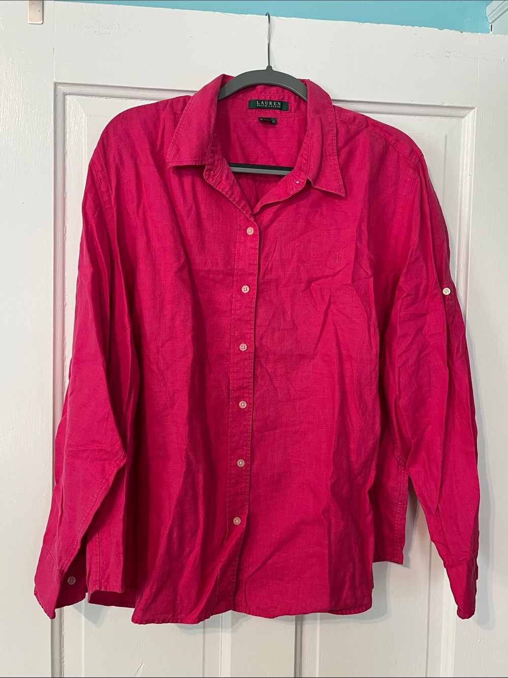 Lauren Ralph Lauren Dark Pink Linen Roll-Tab Long-Sleeve Button Down Shirt 2XL